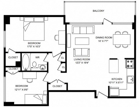 Floor plan for 2 beds, 1 bath, 880 sqft